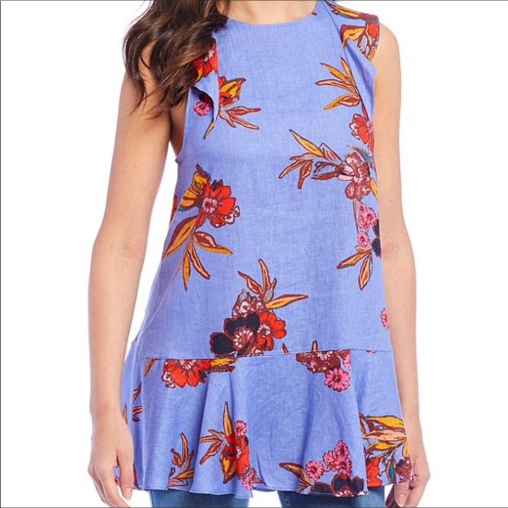 Free People Floral Tie Back Linen Top in Blue S - Picture 2 of 8